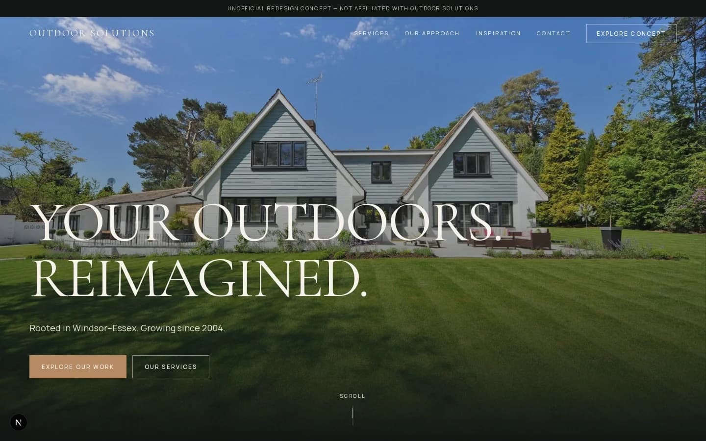 First-party screenshot of MDB Labs independent Outdoor Solutions Landscaping concept homepage