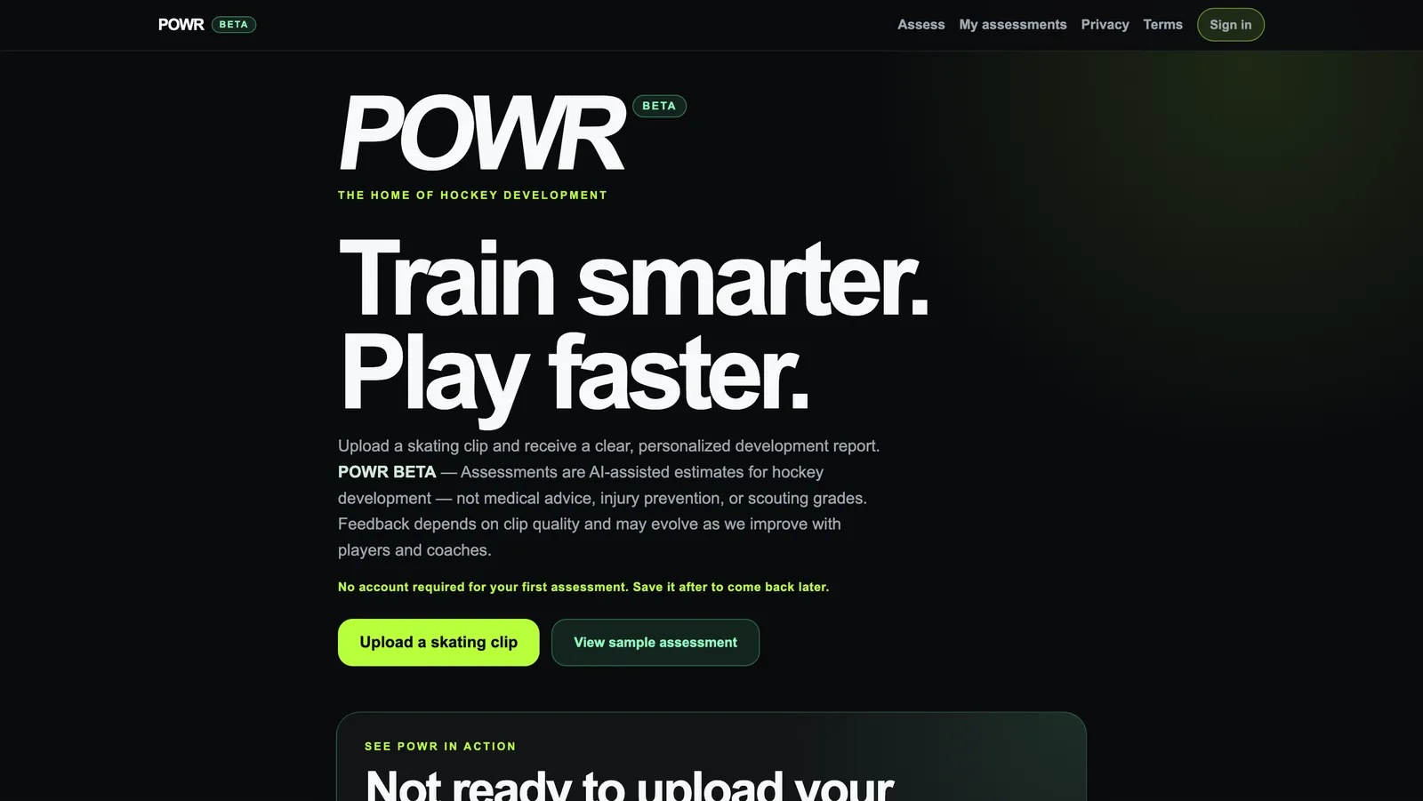 Owner-supplied screenshot of POWR Hockey AI skating assessment product homepage