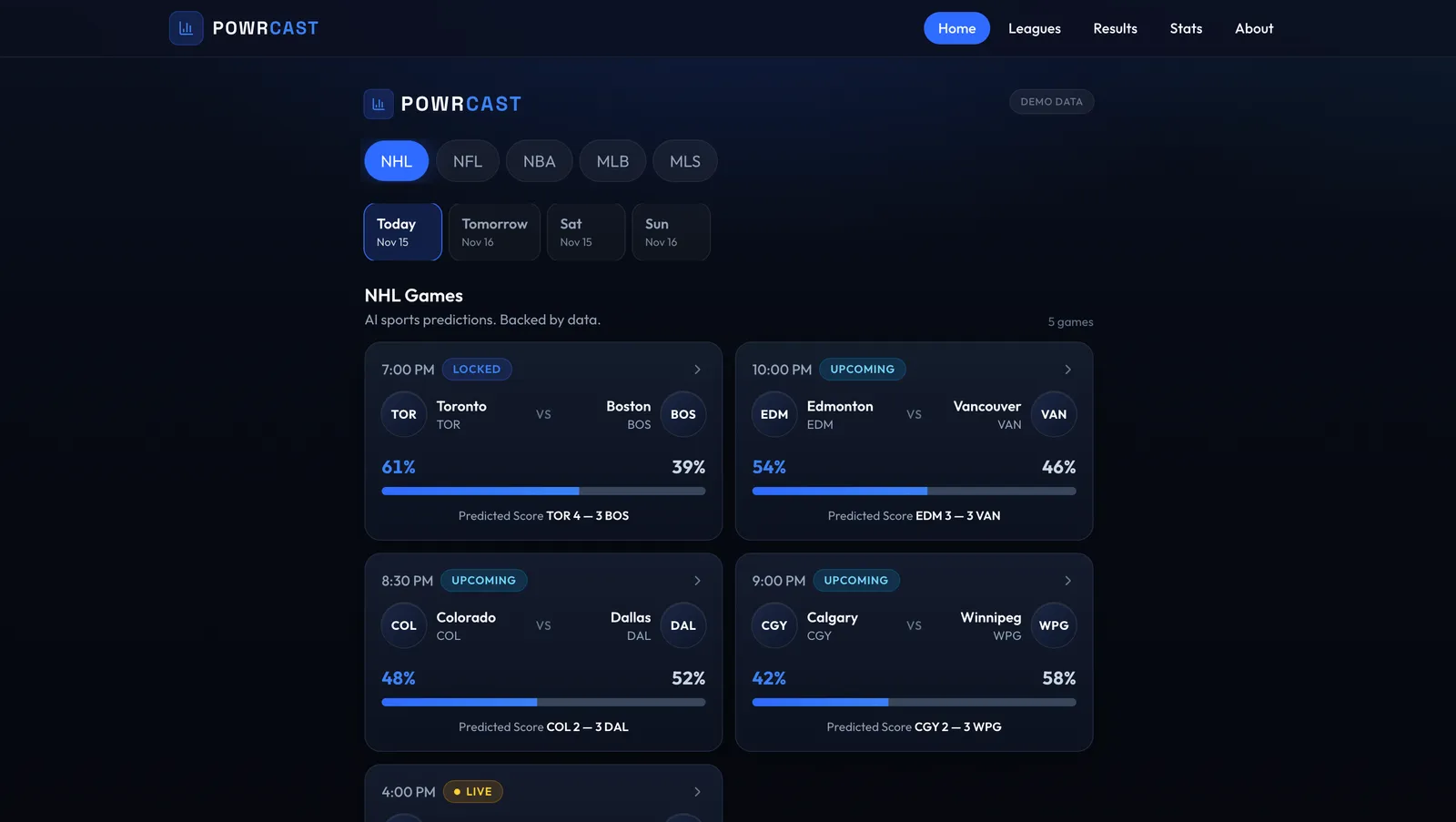 Owner-supplied screenshot of POWRCAST NHL predictions and sports analytics app