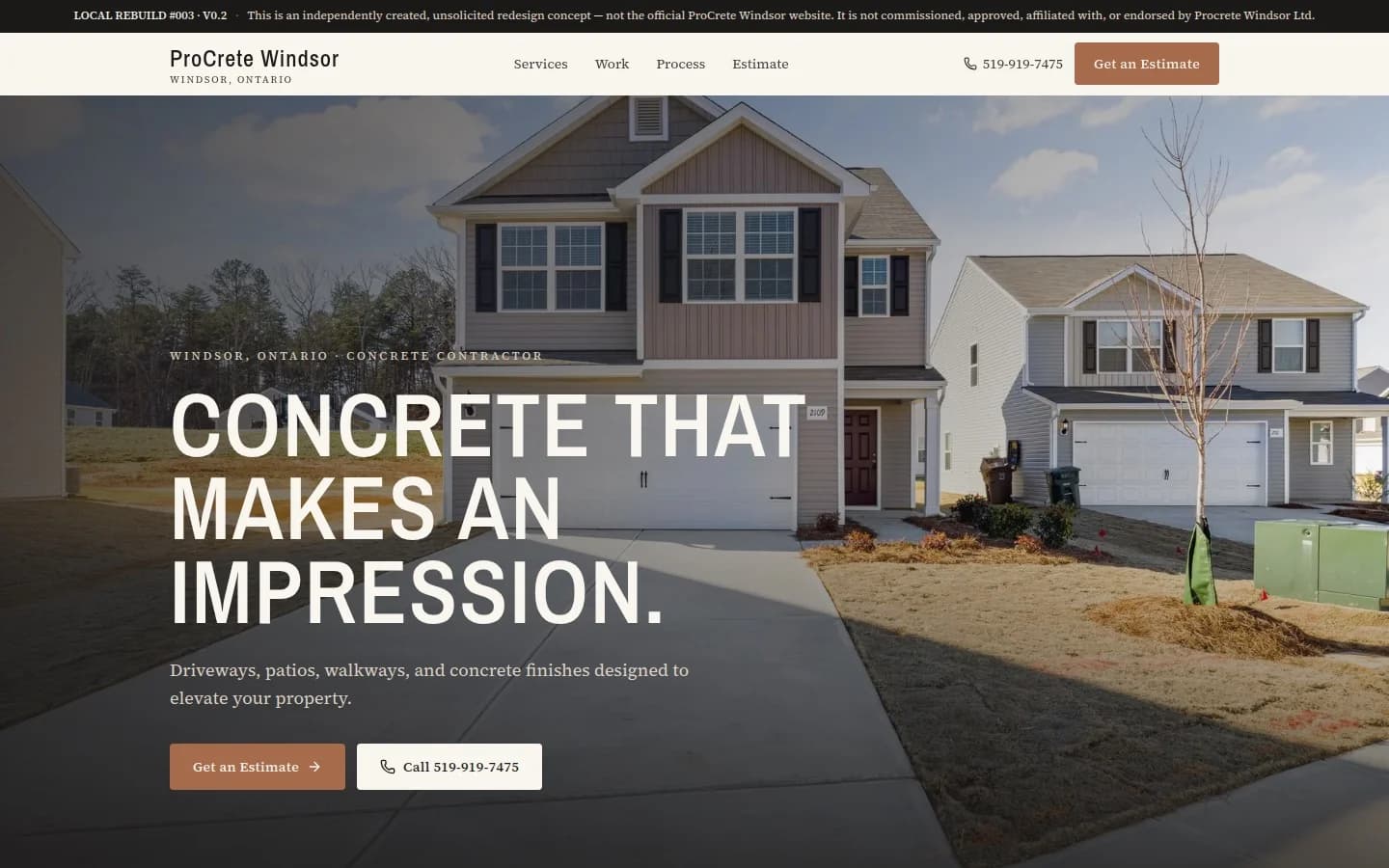 First-party screenshot of MDB Labs independent ProCrete Windsor concept homepage