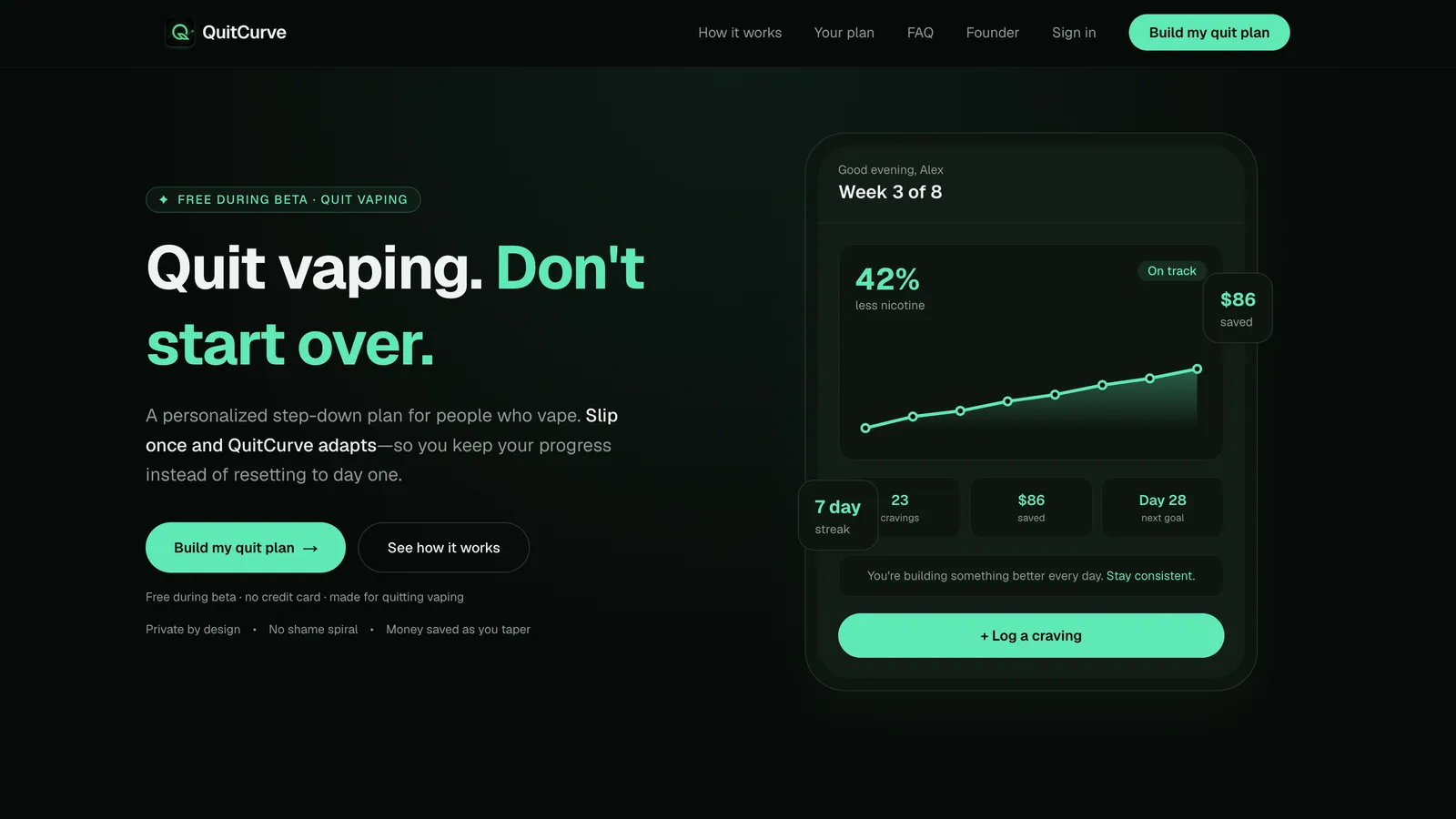 Owner-supplied screenshot of QuitCurve quit-vaping product homepage